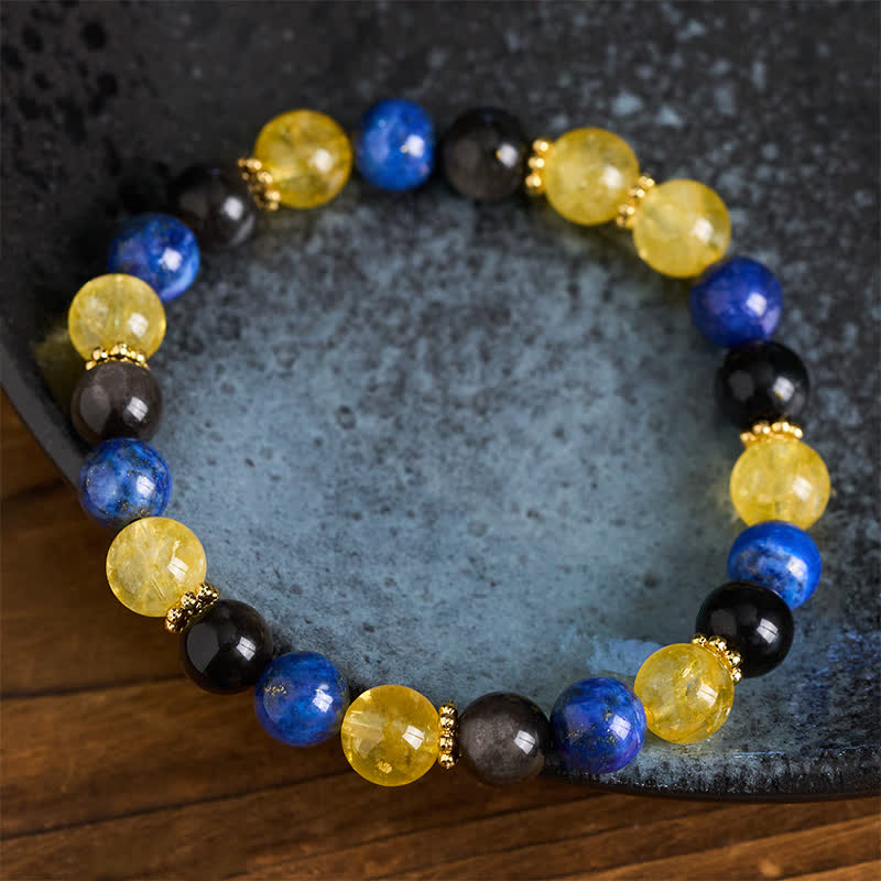 Buddha Stones Lapis Lazuli Silver Sheen Obsidian Citrine Beads Serenity Bracelet