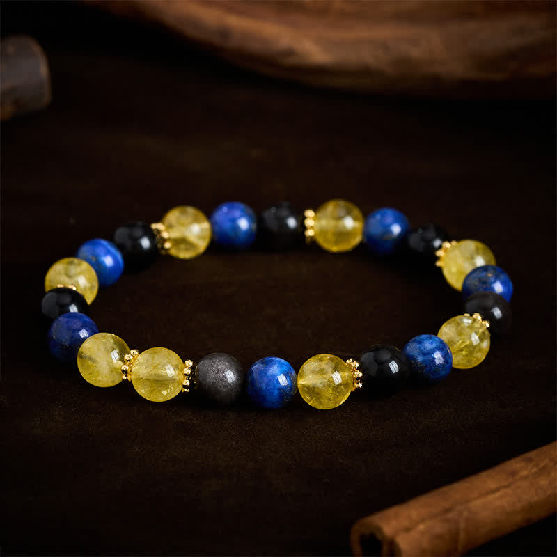 Buddha Stones Lapis Lazuli Silver Sheen Obsidian Citrine Beads Serenity Bracelet