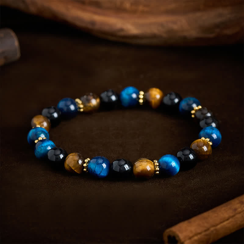 Buddha Stones Tiger Eye Blue Tiger's Eye Black Obsidian Beads Courage Bracelet