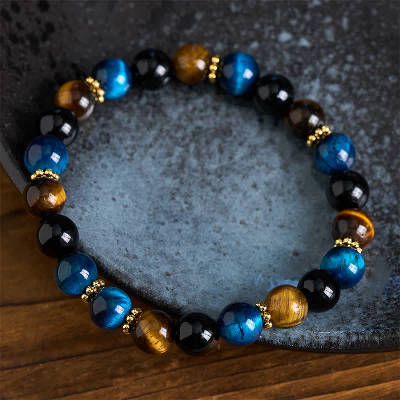 Buddha Stones Tiger Eye Blue Tiger's Eye Black Obsidian Beads Courage Bracelet