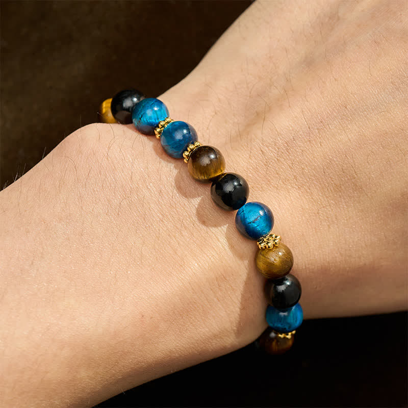 Buddha Stones Tiger Eye Blue Tiger's Eye Black Obsidian Beads Courage Bracelet