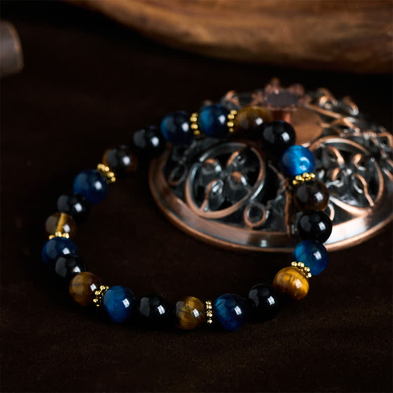Buddha Stones Tiger Eye Blue Tiger's Eye Black Obsidian Beads Courage Bracelet
