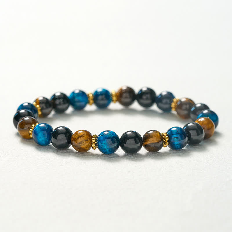 Buddha Stones Tiger Eye Blue Tiger's Eye Black Obsidian Beads Courage Bracelet