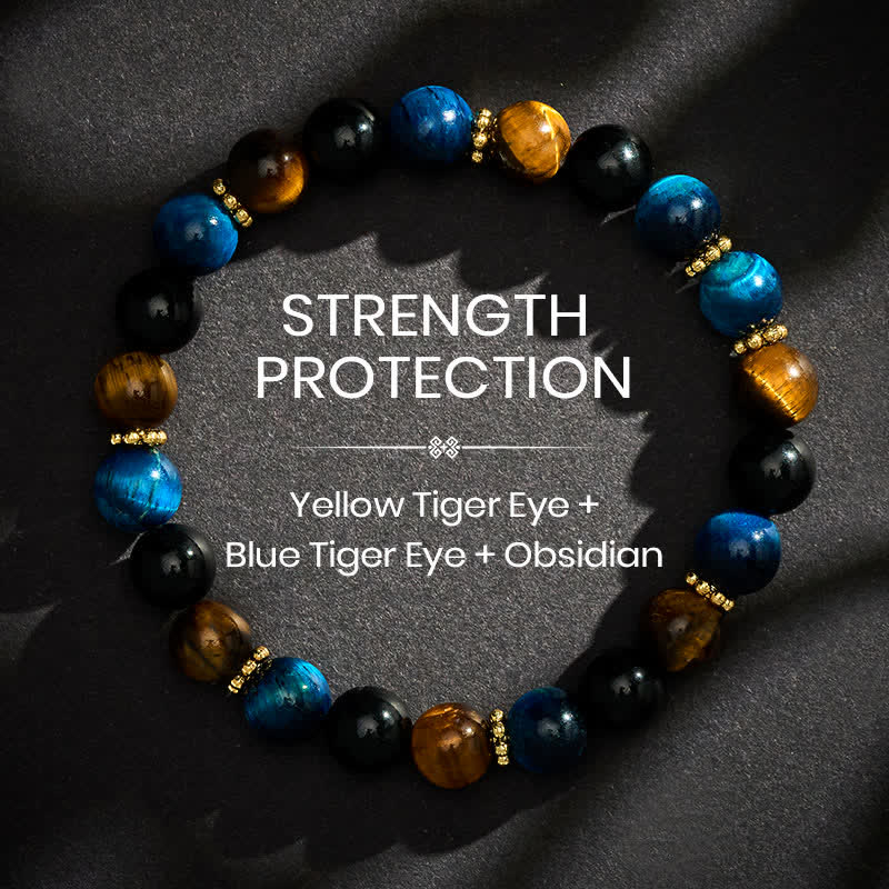 Buddha Stones Tiger Eye Blue Tiger's Eye Black Obsidian Beads Courage Bracelet