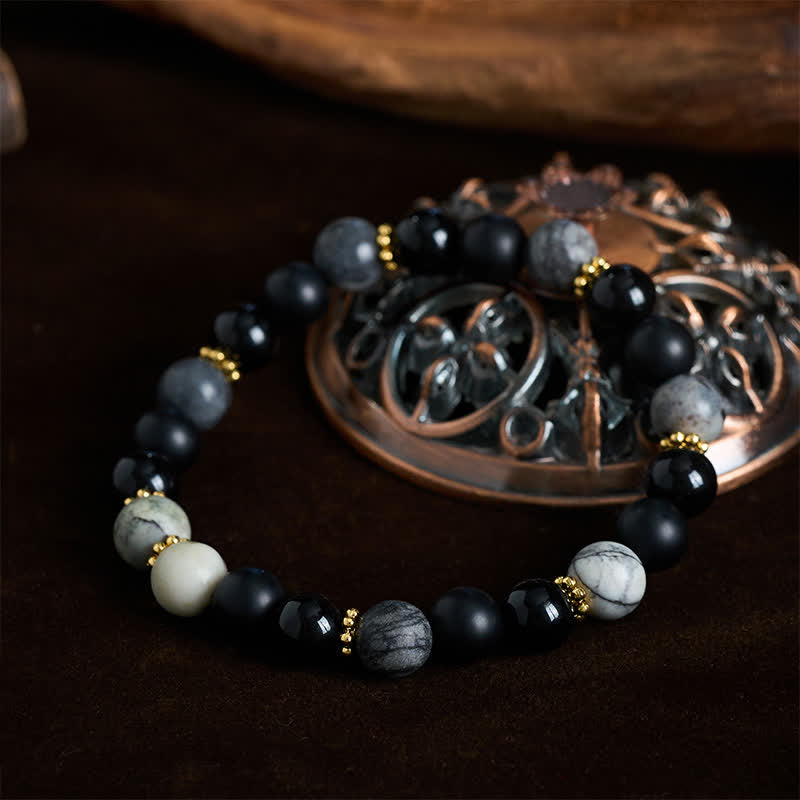 Buddha Stones Frosted Stone Black Obsidian Grey Jasper Beads Activate Bracelet