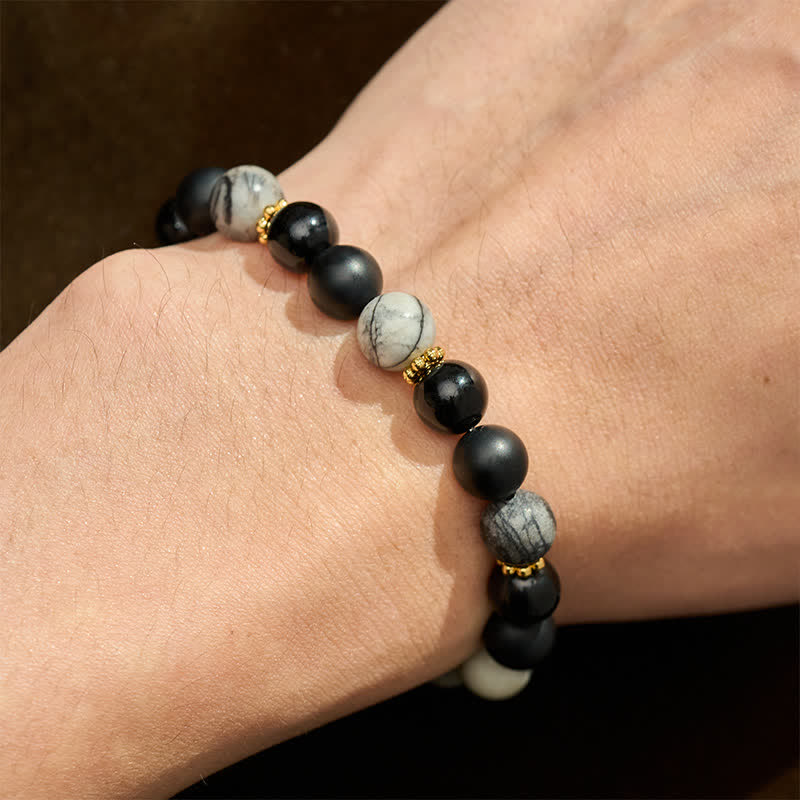Buddha Stones Frosted Stone Black Obsidian Grey Jasper Beads Activate Bracelet