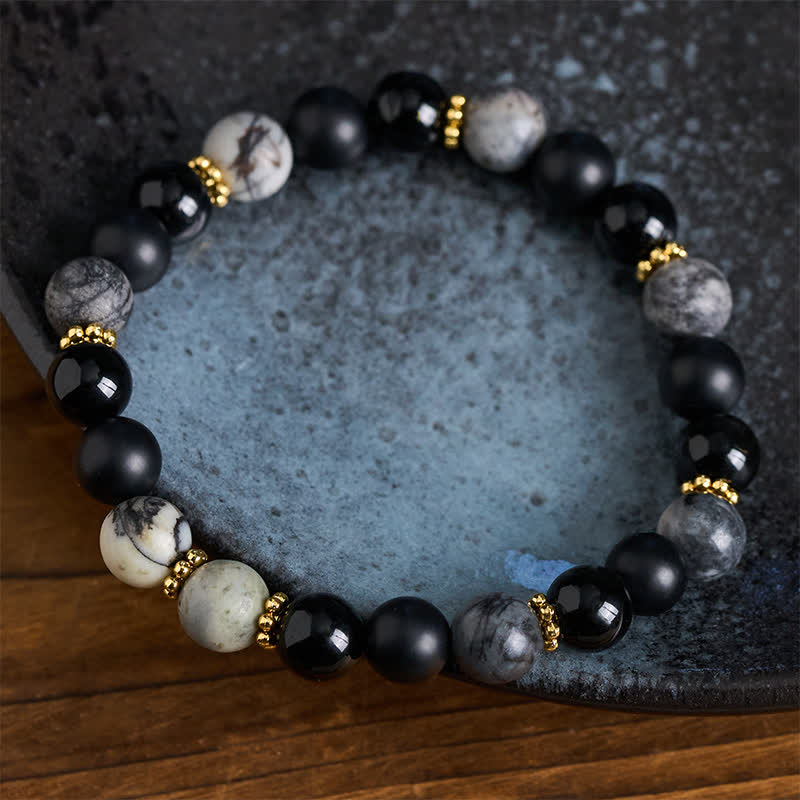 Buddha Stones Frosted Stone Black Obsidian Grey Jasper Beads Activate Bracelet
