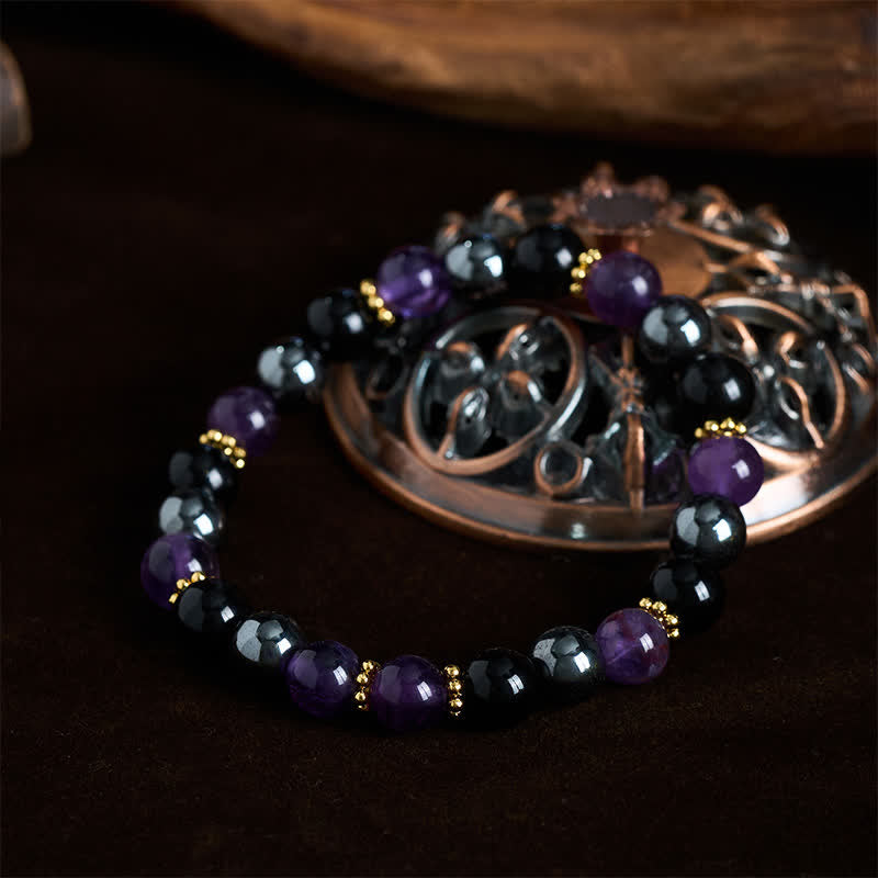 Buddha Stones Amethyst Black Obsidian Hematite Beads Meditation Bracelet