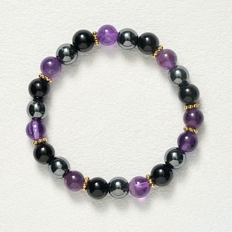 Buddha Stones Amethyst Black Obsidian Hematite Beads Meditation Bracelet