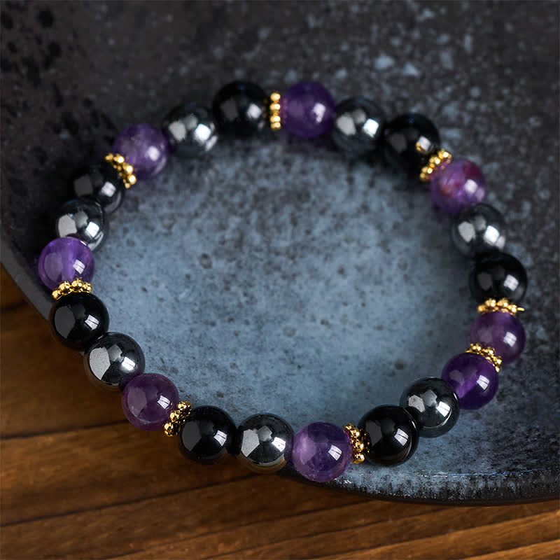 Buddha Stones Amethyst Black Obsidian Hematite Beads Meditation Bracelet