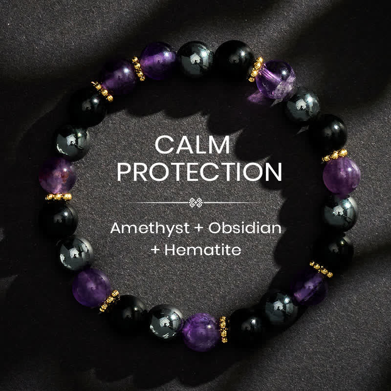 Buddha Stones Amethyst Black Obsidian Hematite Beads Meditation Bracelet