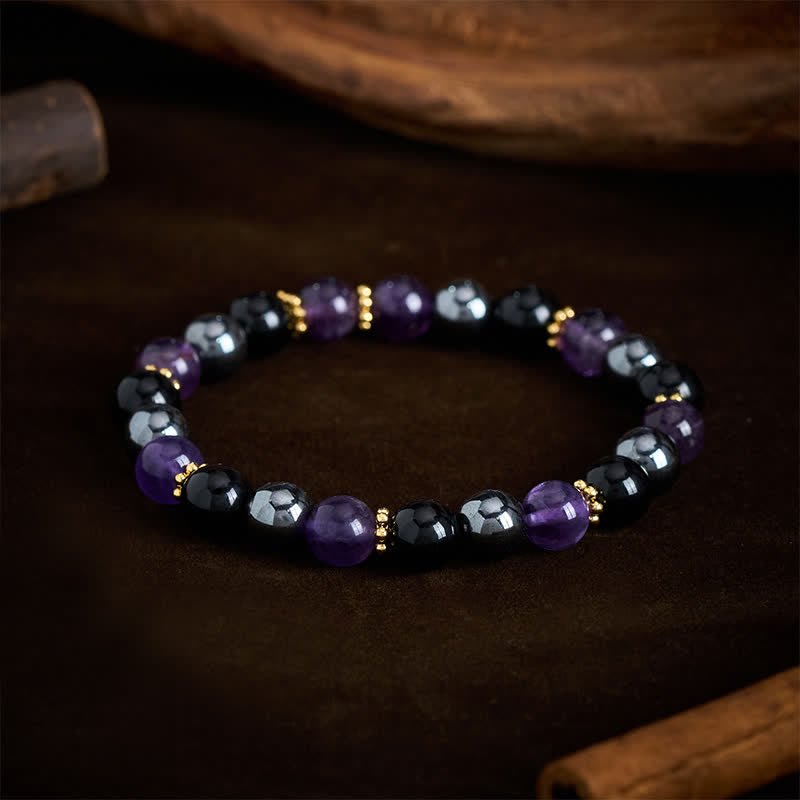 Buddha Stones Amethyst Black Obsidian Hematite Beads Meditation Bracelet