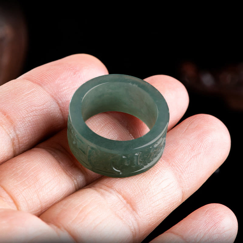 EverestArtstudios Natural Jade Om Mani Padme Hum Carved Prosperity Ring
