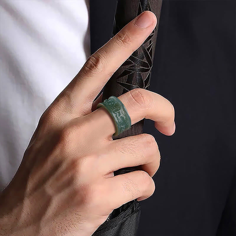 EverestArtstudios Natural Jade Om Mani Padme Hum Carved Prosperity Ring