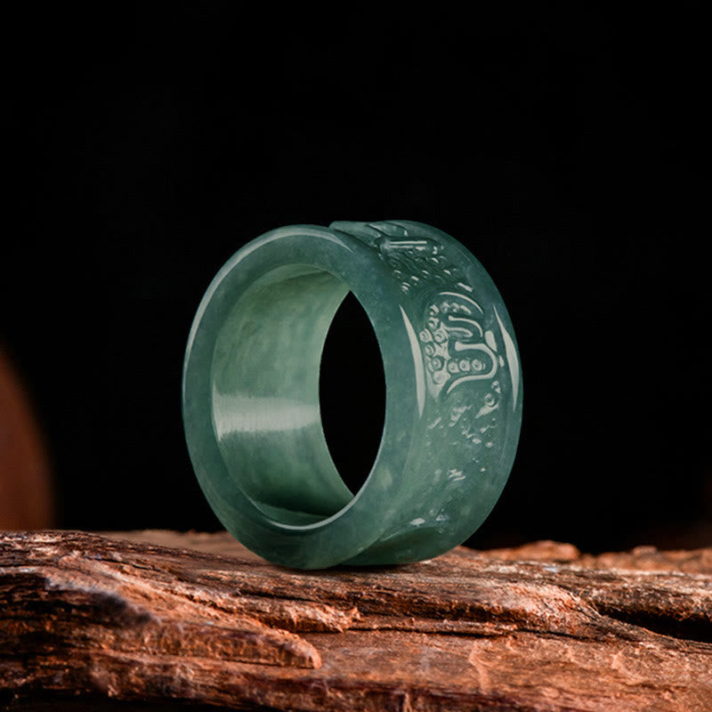 EverestArtstudios Natural Jade Om Mani Padme Hum Carved Prosperity Ring