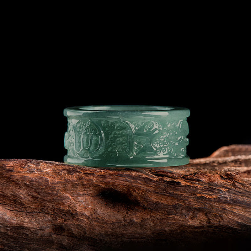 EverestArtstudios Natural Jade Om Mani Padme Hum Carved Prosperity Ring