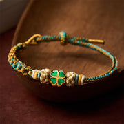 Buddha Stones Hand-Woven Multicolor Peach Blossom Heart-Shaped Green Four Leaf Clover Luck Rope Bracelet