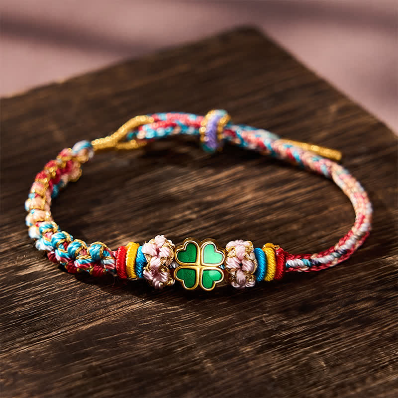Buddha Stones Hand-Woven Multicolor Peach Blossom Heart-Shaped Green Four Leaf Clover Luck Rope Bracelet