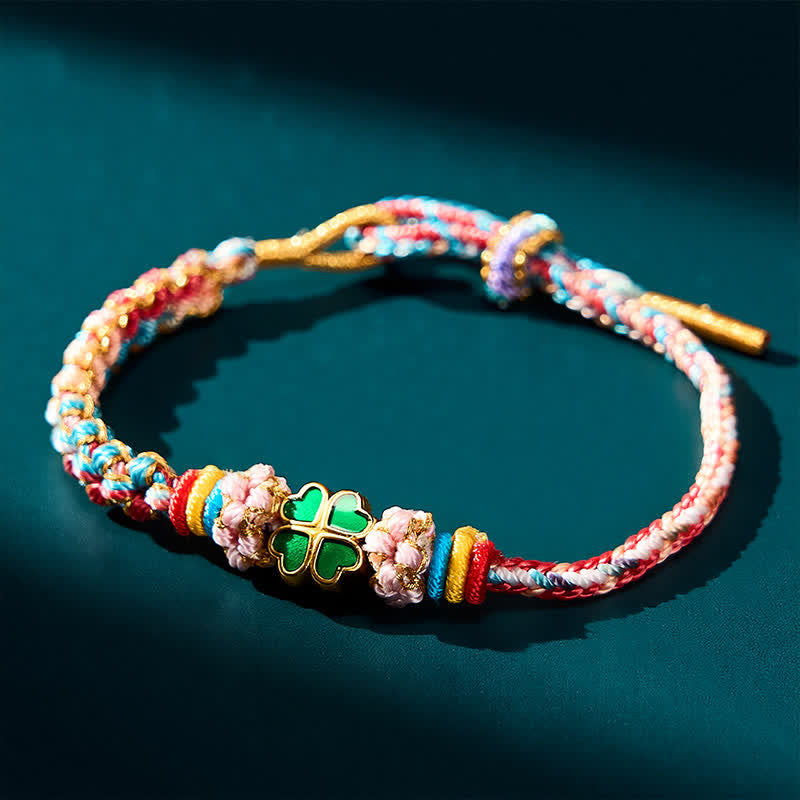 Buddha Stones Hand-Woven Multicolor Peach Blossom Heart-Shaped Green Four Leaf Clover Luck Rope Bracelet