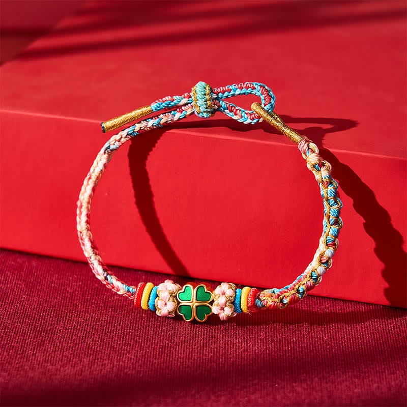 Buddha Stones Hand-Woven Multicolor Peach Blossom Heart-Shaped Green Four Leaf Clover Luck Rope Bracelet