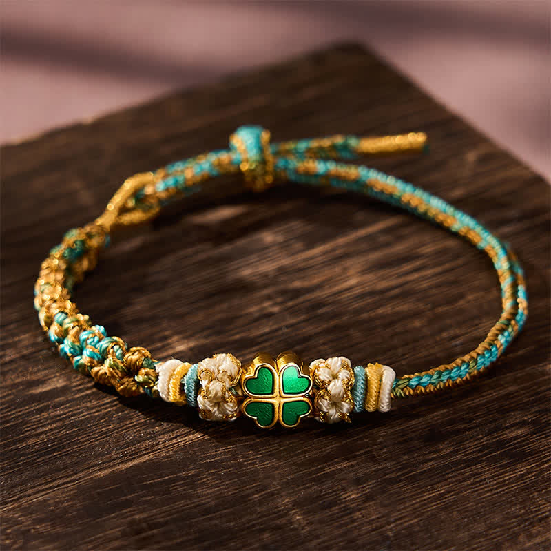 Buddha Stones Hand-Woven Multicolor Peach Blossom Heart-Shaped Green Four Leaf Clover Luck Rope Bracelet