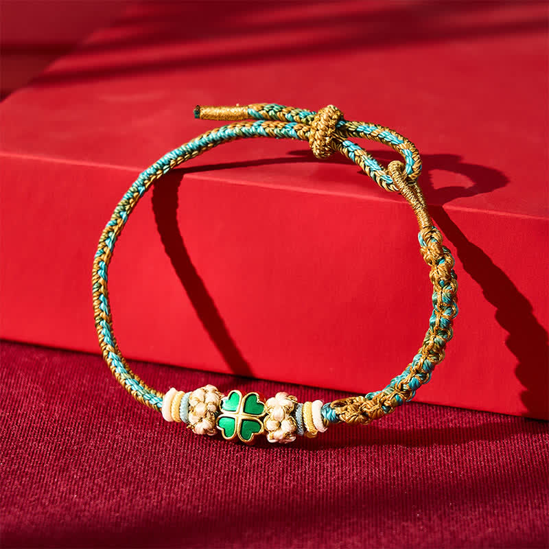 Buddha Stones Hand-Woven Multicolor Peach Blossom Heart-Shaped Green Four Leaf Clover Luck Rope Bracelet