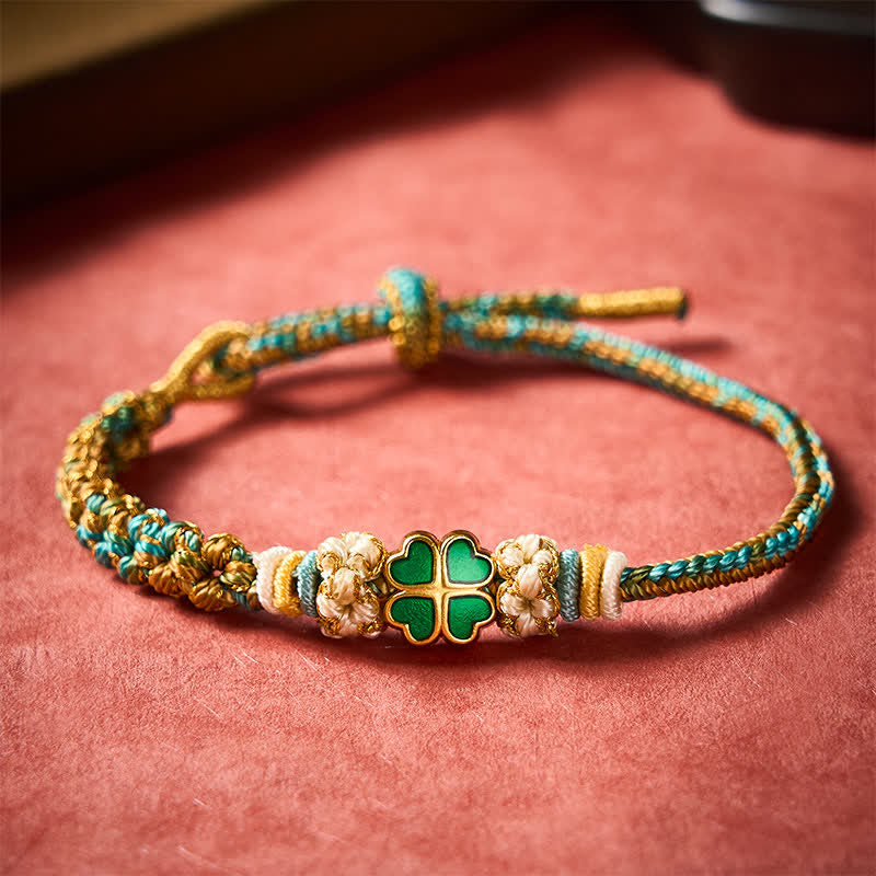 Buddha Stones Hand-Woven Multicolor Peach Blossom Heart-Shaped Green Four Leaf Clover Luck Rope Bracelet