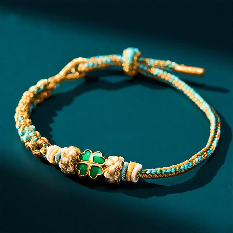 Buddha Stones Hand-Woven Multicolor Peach Blossom Heart-Shaped Green Four Leaf Clover Luck Rope Bracelet