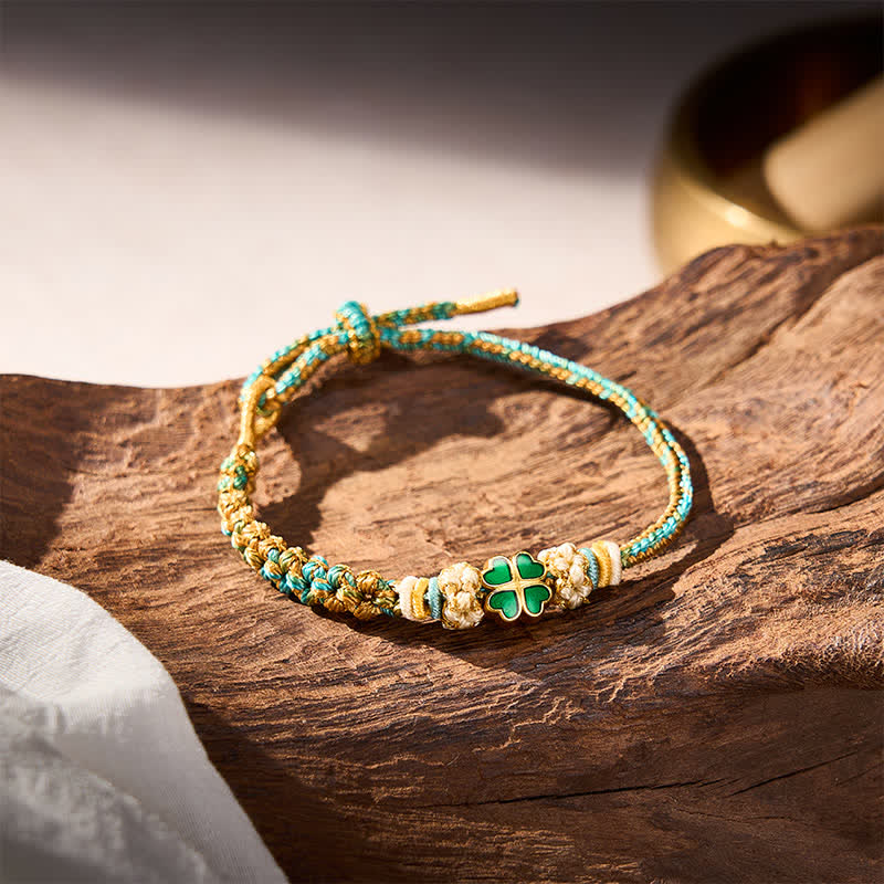 Buddha Stones Hand-Woven Multicolor Peach Blossom Heart-Shaped Green Four Leaf Clover Luck Rope Bracelet