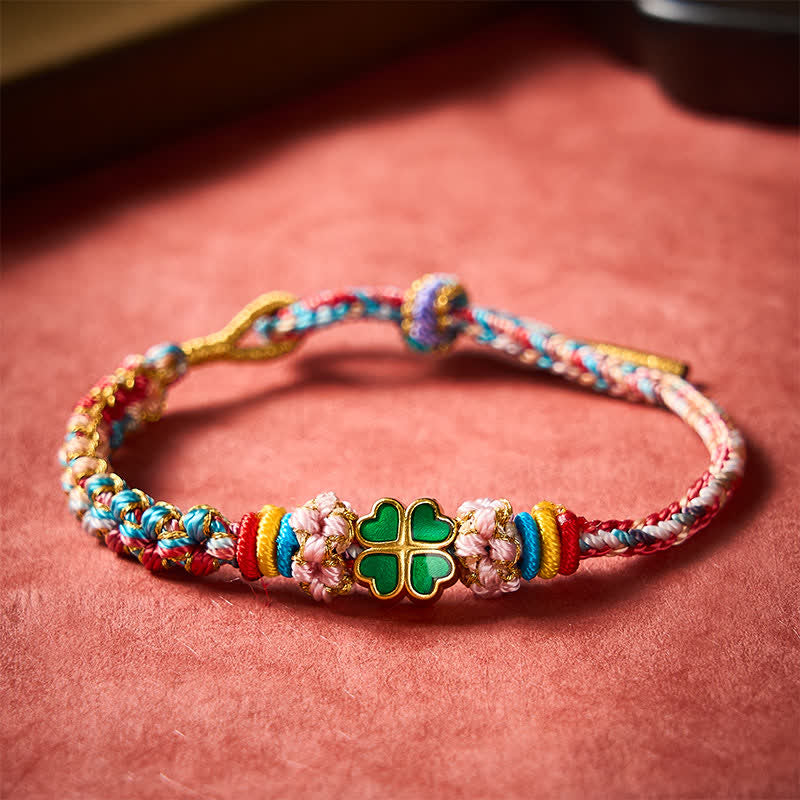 Buddha Stones Hand-Woven Multicolor Peach Blossom Heart-Shaped Green Four Leaf Clover Luck Rope Bracelet