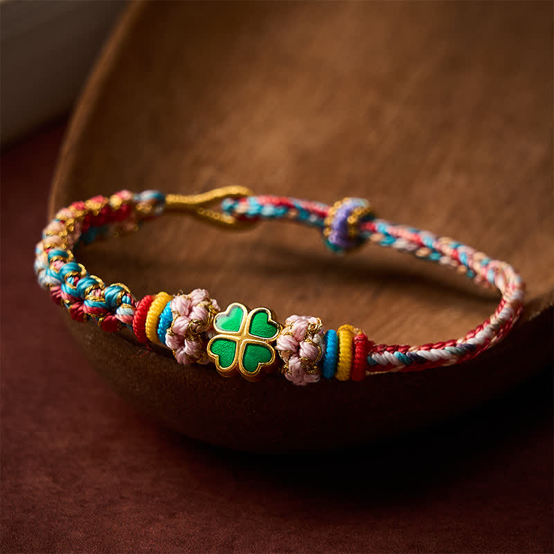 Buddha Stones Hand-Woven Multicolor Peach Blossom Heart-Shaped Green Four Leaf Clover Luck Rope Bracelet