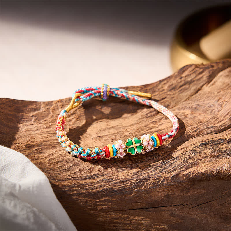 Buddha Stones Hand-Woven Multicolor Peach Blossom Heart-Shaped Green Four Leaf Clover Luck Rope Bracelet