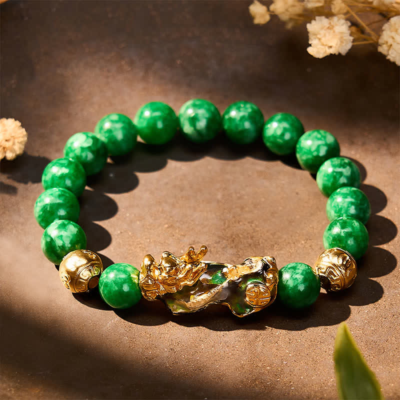 EverestArtstudios Natural Cyan Jade Beaded Color Change PiXiu Healing Bracelet