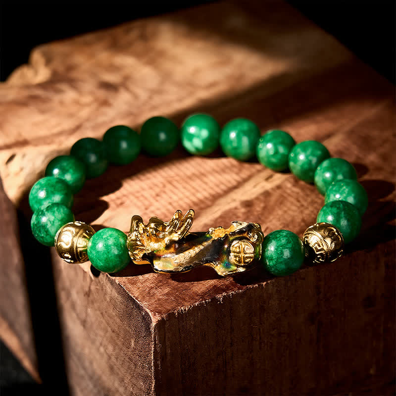 EverestArtstudios Natural Cyan Jade Beaded Color Change PiXiu Healing Bracelet