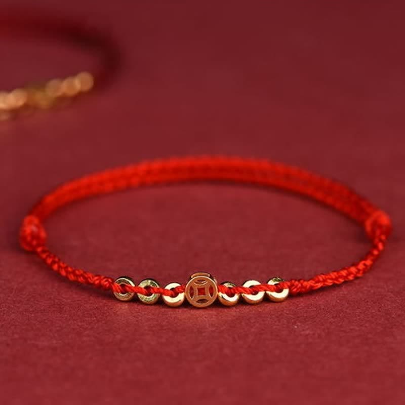 Buddha Stones Braided Red String Round Chinese Coin Good Fortune Bracelet