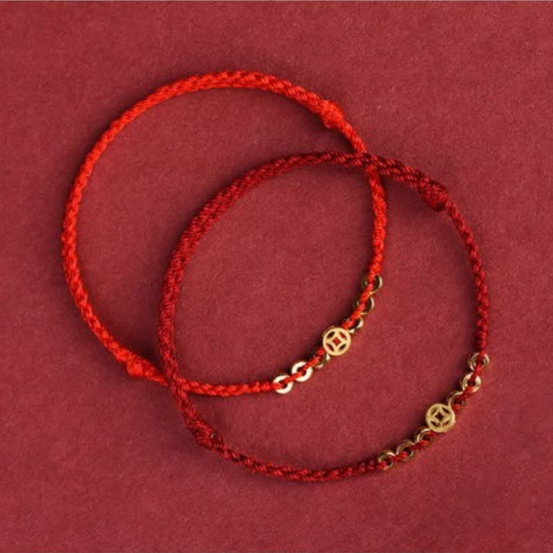 Buddha Stones Braided Red String Round Chinese Coin Good Fortune Bracelet