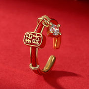 Buddha Stones Copper Alloy Red String Lucky Wealth Charm Ring