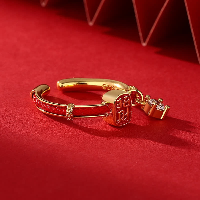 Buddha Stones Copper Alloy Red String Lucky Wealth Charm Ring