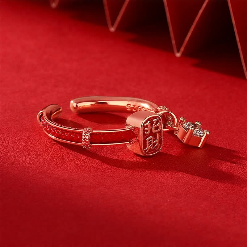 Buddha Stones Copper Alloy Red String Lucky Wealth Charm Ring