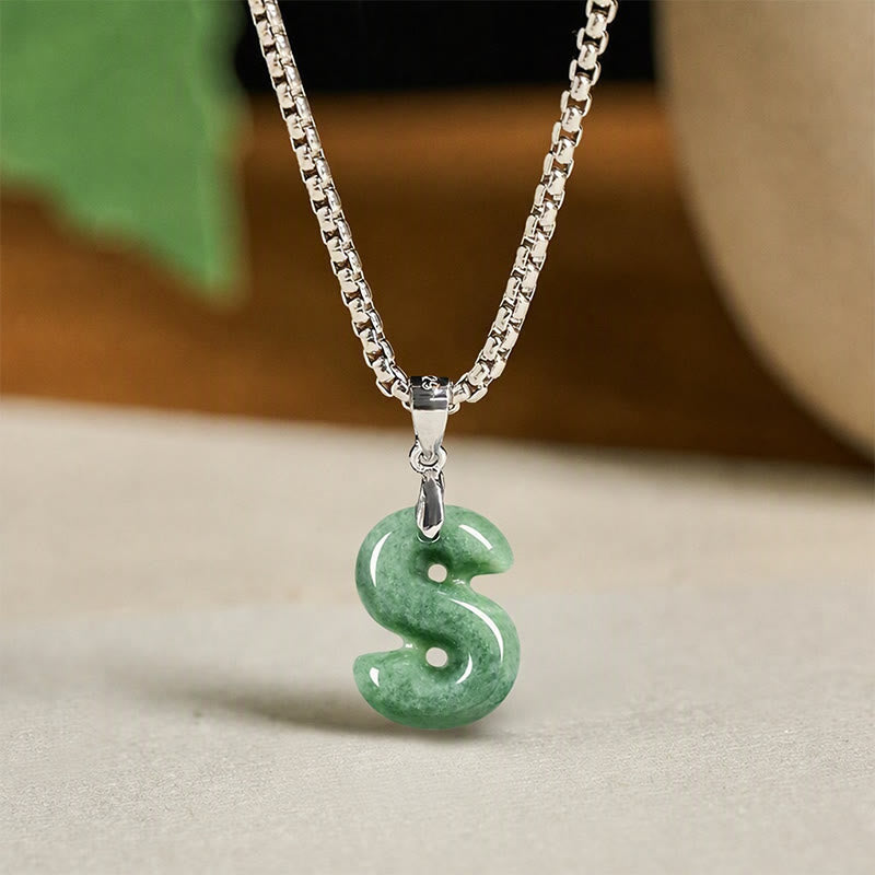 EverestArtstudios Natural A-Z Letter Jade Titanium Steel Wide Chain Prosperity Necklace Pendant