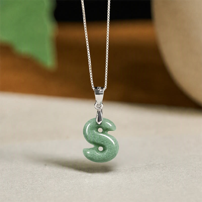 EverestArtstudios Natural A-Z Letter Jade 925 Sterling Silver Silm Chain Prosperity Necklace Pendant