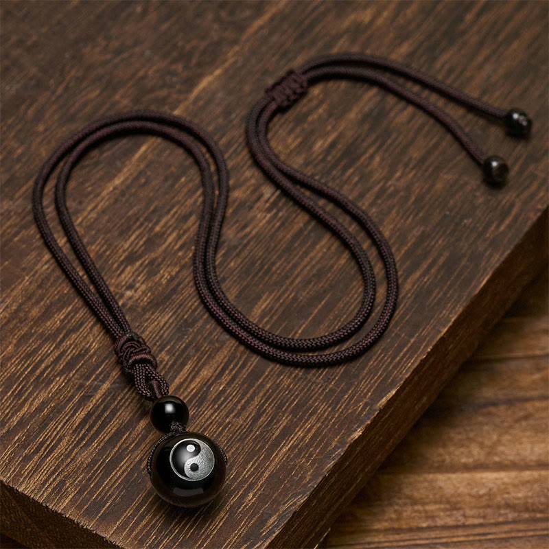 Buddha Stones Black Obsidian Carved Purification Yin Yang Necklace Pendant