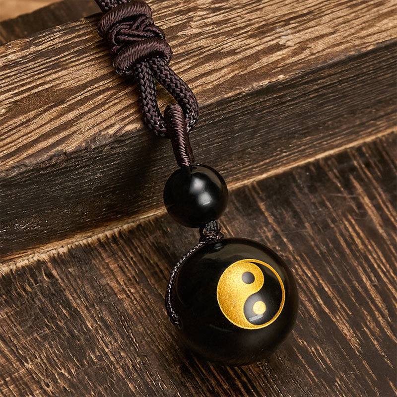 Buddha Stones Black Obsidian Carved Purification Yin Yang Necklace Pendant