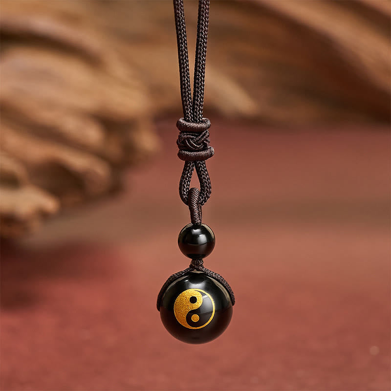 Buddha Stones Black Obsidian Carved Purification Yin Yang Necklace Pendant
