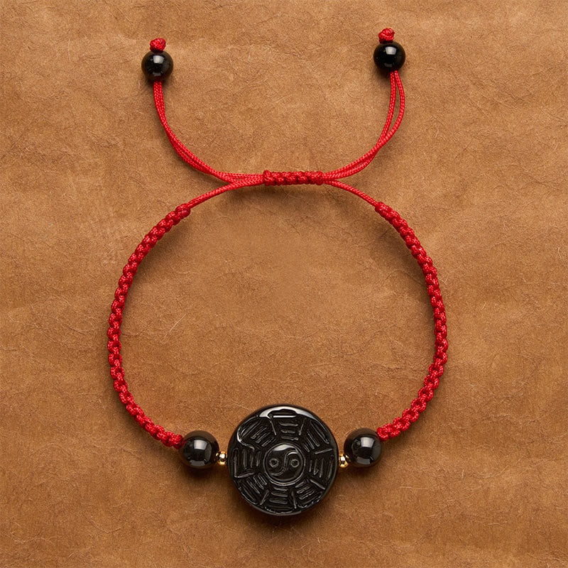Buddha Stones Red String Black Obsidian Round Bagua Blessing Bracelet