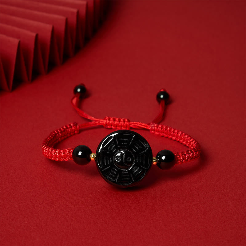Buddha Stones Red String Black Obsidian Round Bagua Blessing Bracelet