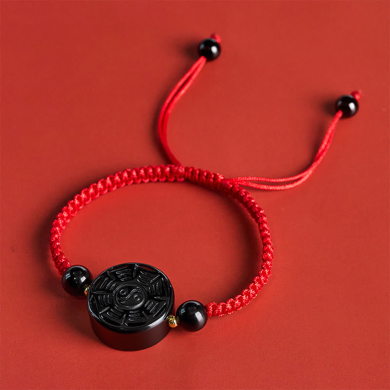 Buddha Stones Red String Black Obsidian Round Bagua Blessing Bracelet