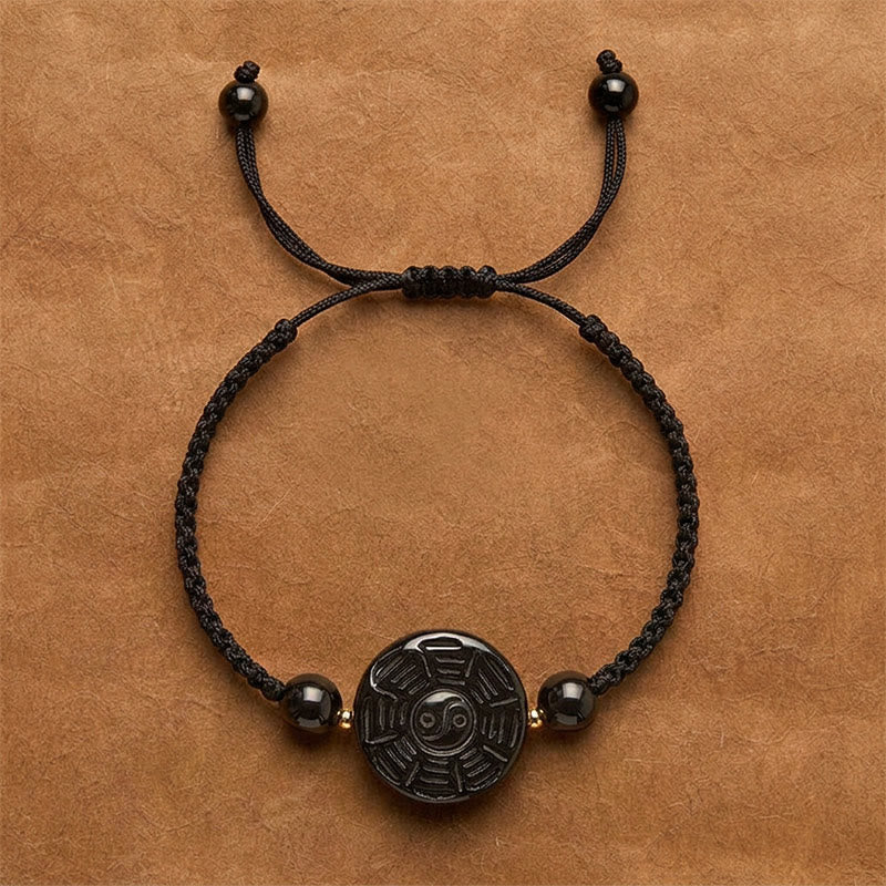 Buddha Stones Red String Black Obsidian Round Bagua Blessing Bracelet