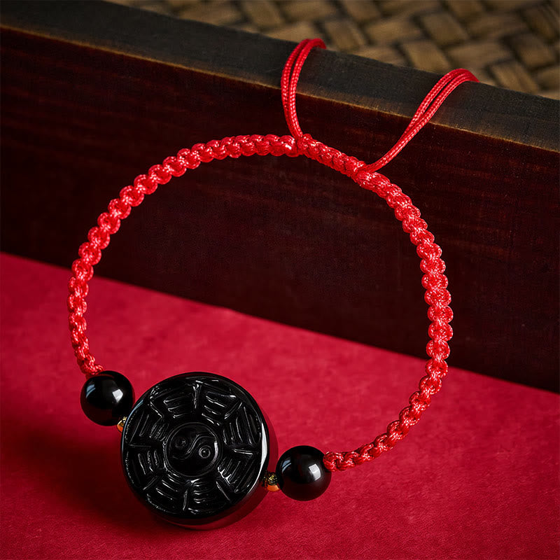 Buddha Stones Red String Black Obsidian Round Bagua Blessing Bracelet