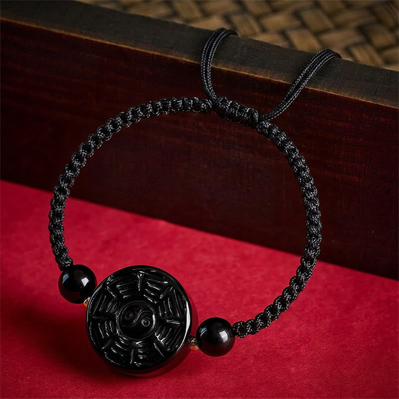 Buddha Stones Red String Black Obsidian Round Bagua Blessing Bracelet
